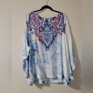 Chico’s Blue & Pink Medallion Print Kaftan Top - Size L/XL
